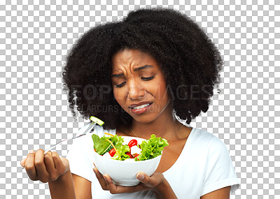 Buy stock photo Diet, salad and sad woman eating healthy food, detox lunch or breakfast isolated on transparent, png background. African person with depression for lose weight process or problem with green fruits