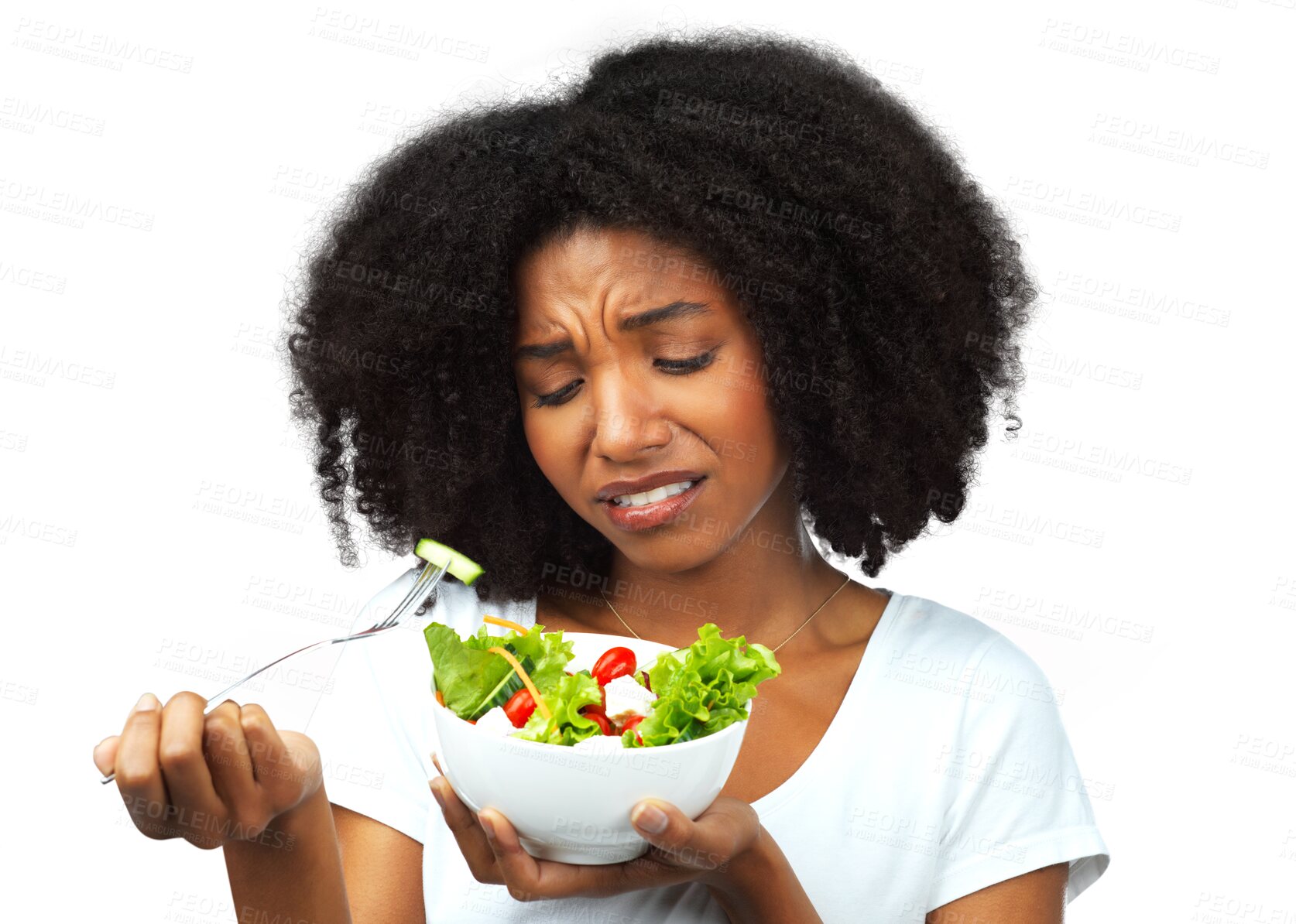 Buy stock photo Diet, salad and sad woman eating healthy food, detox lunch or breakfast isolated on transparent, png background. African person with depression for lose weight process or problem with green fruits