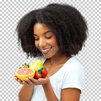 Buy stock photo Healthy food, woman and a bunch of fruit for diet, lose weight and wellness. Face of a black female model with organic, vegan snack and nutrition benefits isolated on transparent, png background