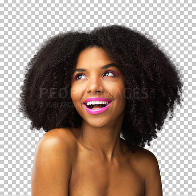 Buy stock photo Beauty, smile and thinking with face of black woman on png for cosmetics, makeup and hairstyle. Natural, glow and skincare with female model isolated on transparent background for self care and salon