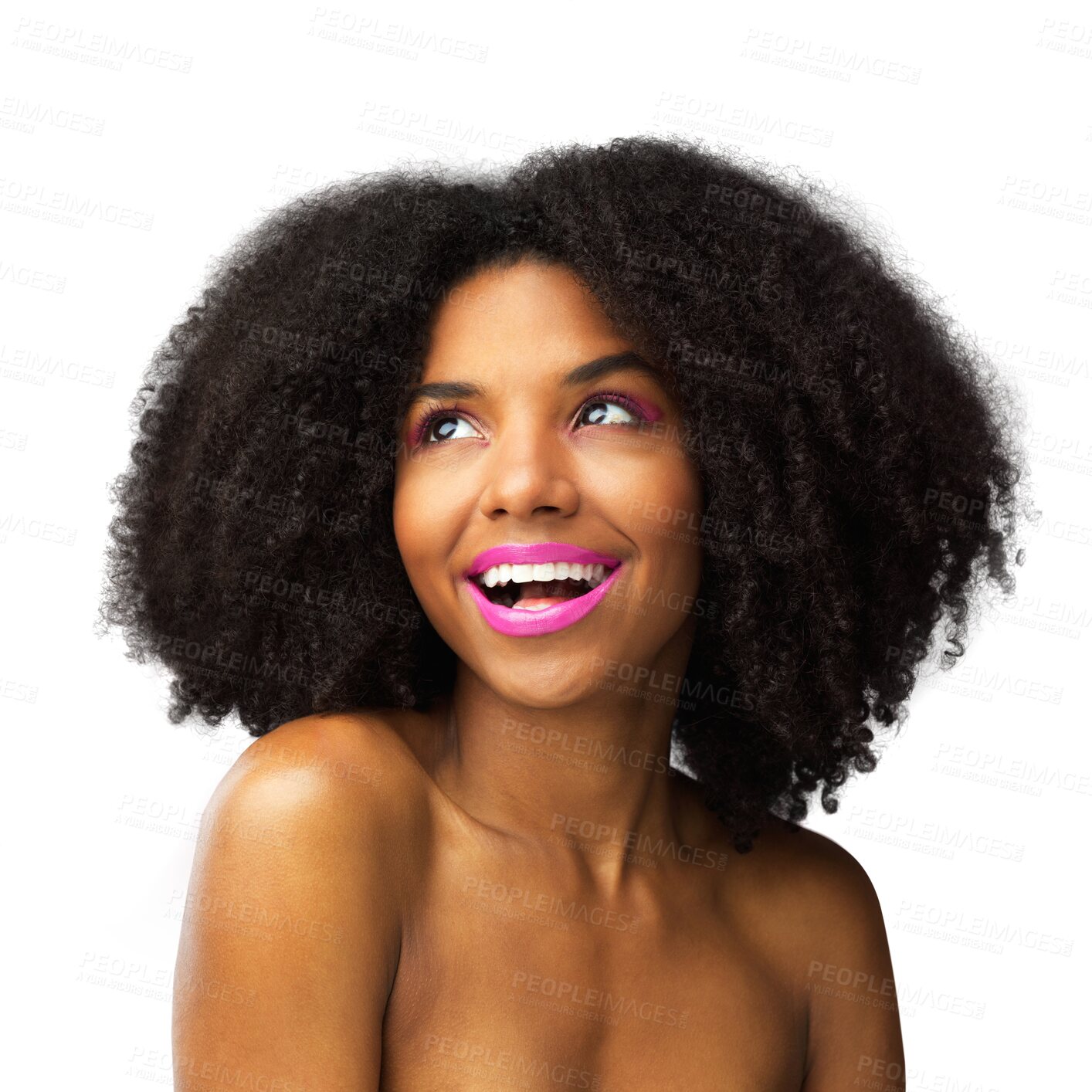 Buy stock photo Beauty, smile and thinking with face of black woman on png for cosmetics, makeup and hairstyle. Natural, glow and skincare with female model isolated on transparent background for self care and salon