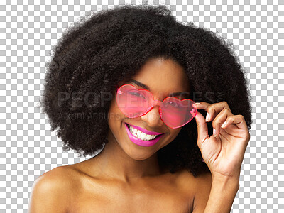 Buy stock photo Portrait, fashion and heart glasses with a black woman isolated on a transparent background for trendy style. Face, smile and afro with an attractive young female person wearing emoji eyewear on PNG