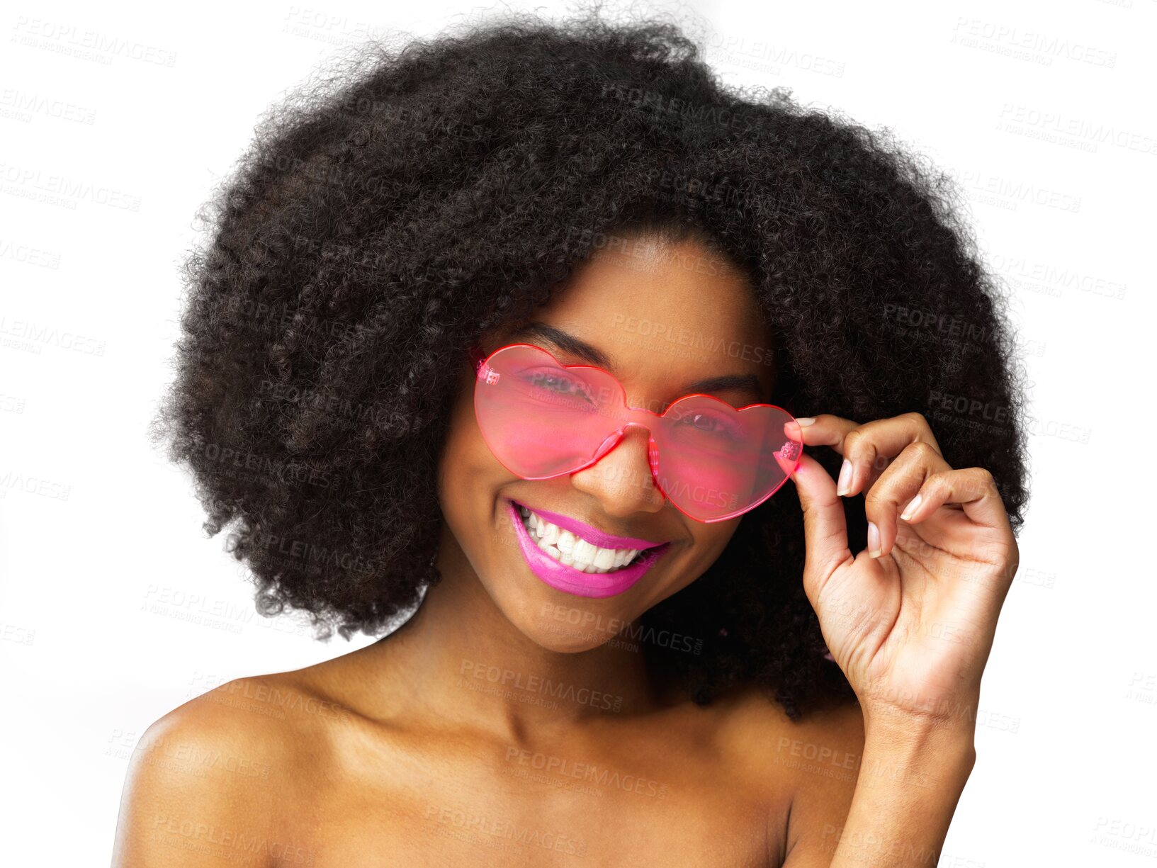 Buy stock photo Portrait, fashion and heart glasses with a black woman isolated on a transparent background for trendy style. Face, smile and afro with an attractive young female person wearing emoji eyewear on PNG