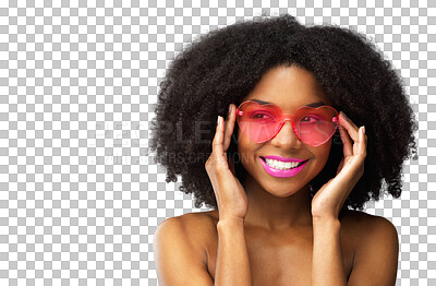 Buy stock photo Black woman, fashion sunglasses and beauty in summer, vacation or gen z girl on isolated, transparent or png background. Happy, smile and face of African model with lipstick, makeup and cosmetics