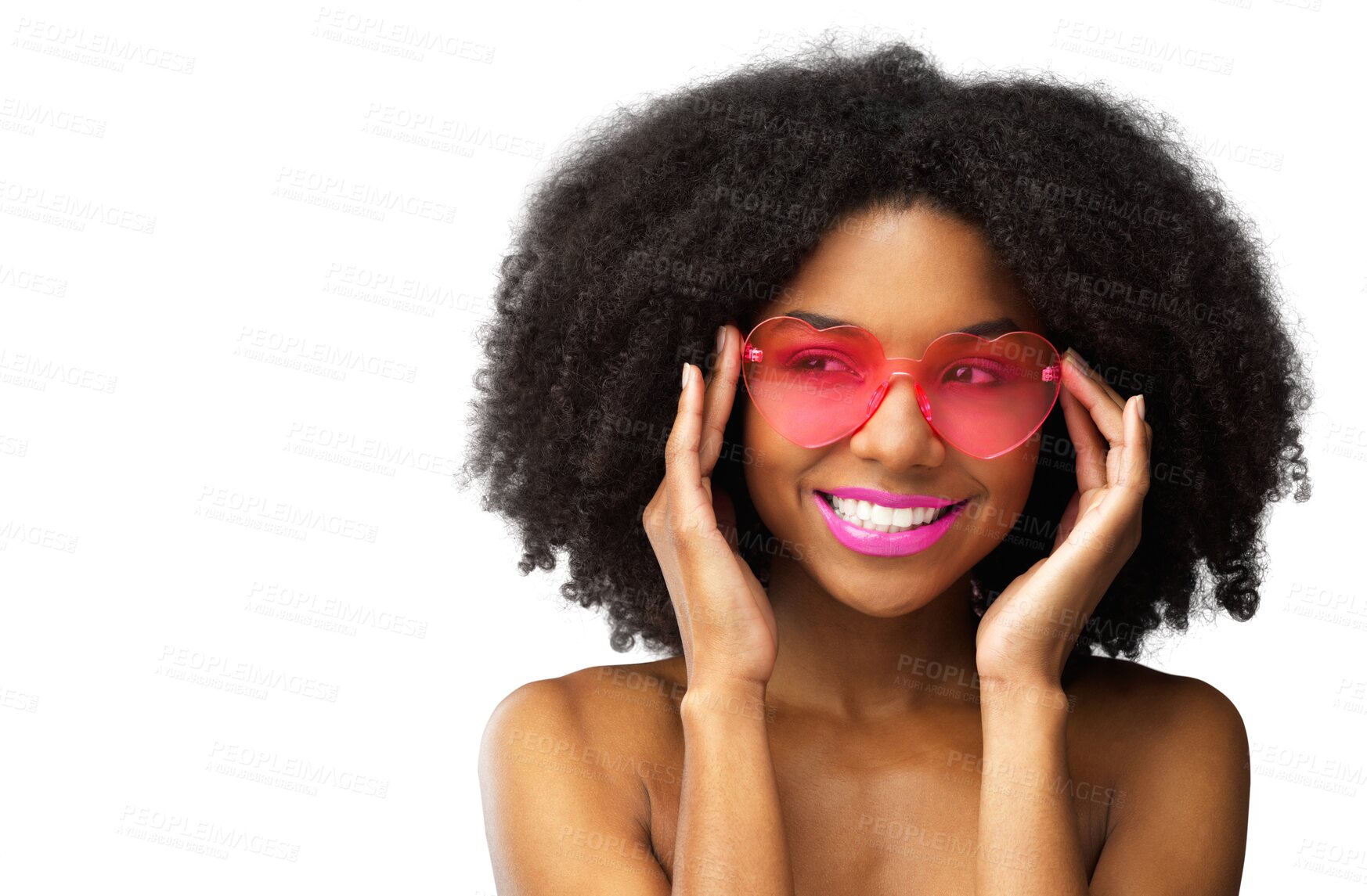 Buy stock photo Black woman, fashion sunglasses and beauty in summer, vacation or gen z girl on isolated, transparent or png background. Happy, smile and face of African model with lipstick, makeup and cosmetics