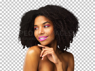 Buy stock photo Beauty, glow and makeup with face of black woman on png for cosmetics, facial and hairstyle. Natural, salon and skincare with female model isolated on transparent background for self care and salon