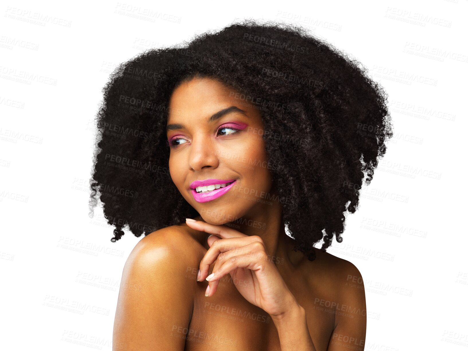 Buy stock photo Beauty, glow and makeup with face of black woman on png for cosmetics, facial and hairstyle. Natural, salon and skincare with female model isolated on transparent background for self care and salon