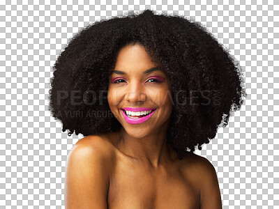 Buy stock photo Beauty, smile and makeup with portrait of black woman on png for cosmetics, face and hairstyle. Natural, glow and skincare with female model isolated on transparent background for self care and salon