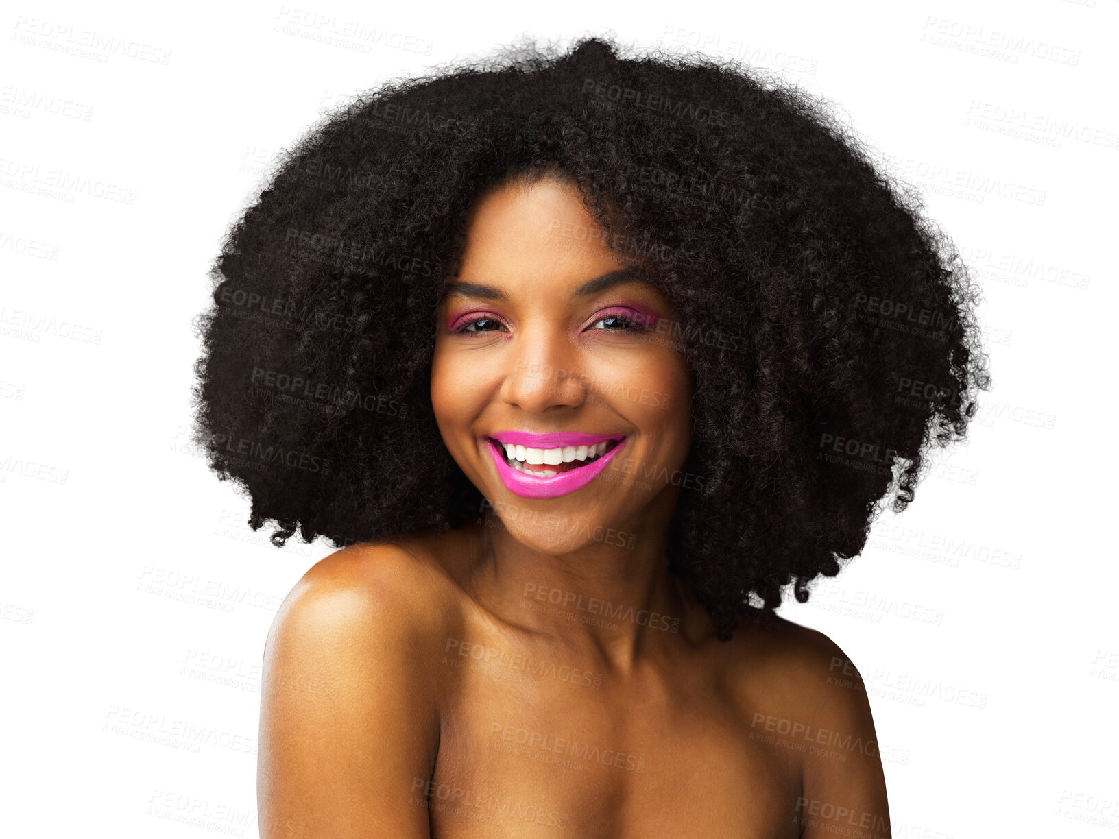 Buy stock photo Beauty, smile and makeup with portrait of black woman on png for cosmetics, face and hairstyle. Natural, glow and skincare with female model isolated on transparent background for self care and salon