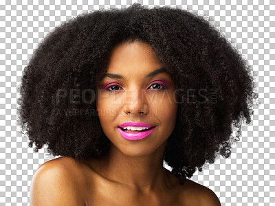 Buy stock photo Face, hair care and black woman with lipstick makeup isolated on a transparent png background for skincare. Beauty, cosmetics and portrait of African model with salon treatment for afro hairstyle.