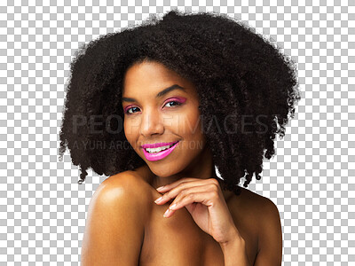 Buy stock photo Beauty, glow and makeup with portrait of black woman on png for cosmetics, face and hairstyle. Natural, smile and skincare with female model isolated on transparent background for self care and salon