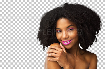 Buy stock photo Beauty, happy and makeup with portrait of black woman on png for cosmetics, face and hairstyle. Natural, glow and skincare with female model isolated on transparent background for self care and salon