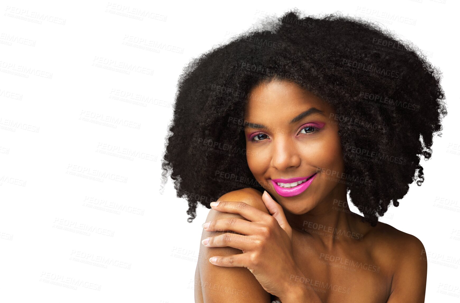 Buy stock photo Beauty, happy and makeup with portrait of black woman on png for cosmetics, face and hairstyle. Natural, glow and skincare with female model isolated on transparent background for self care and salon