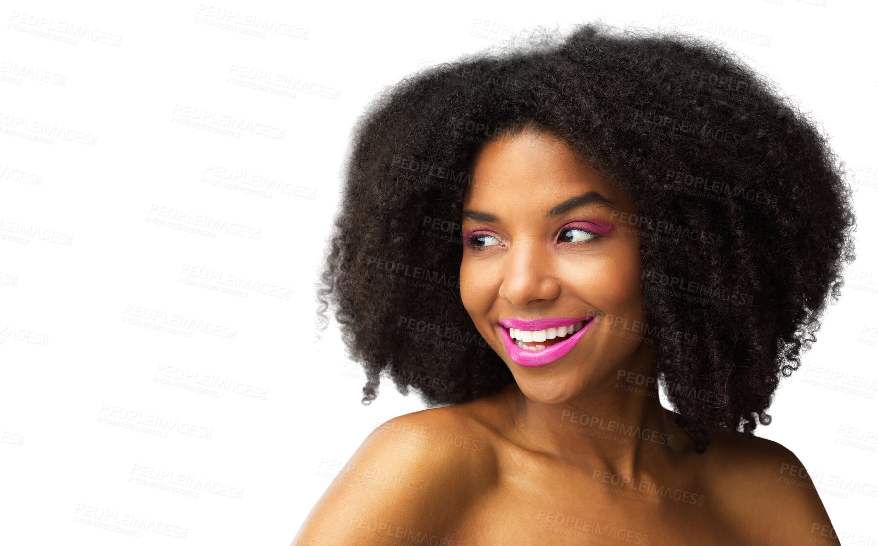 Buy stock photo Beauty, makeup and happy with face of black woman on png for cosmetics, smile and hairstyle. Natural, glow and skincare with female model isolated on transparent background for self care and salon