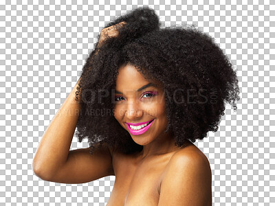 Buy stock photo Lipstick, face and African woman with hair care for healthy, natural afro confidence on transparent, isolated or png background. Beauty, portrait and model with makeup or growth cosmetics from salon