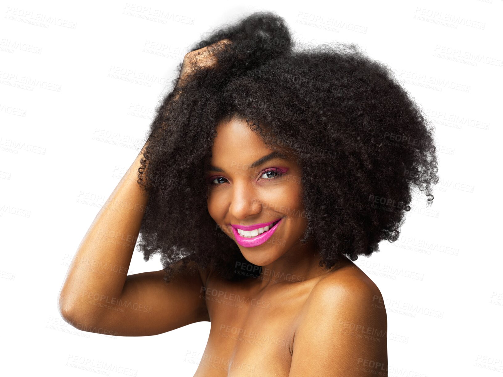 Buy stock photo Lipstick, face and African woman with hair care for healthy, natural afro confidence on transparent, isolated or png background. Beauty, portrait and model with makeup or growth cosmetics from salon