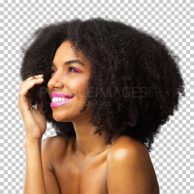 Buy stock photo Makeup, face and African woman with hair care for healthy, natural afro confidence on transparent, isolated or png background. Beauty, portrait and model with lipstick or growth cosmetics from salon