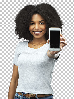 Buy stock photo Phone, app and portrait with a black woman isolated on transparent background showing an empty display screen for communication. Mobile, smile or marketing with a happy young brand ambassador on PNG