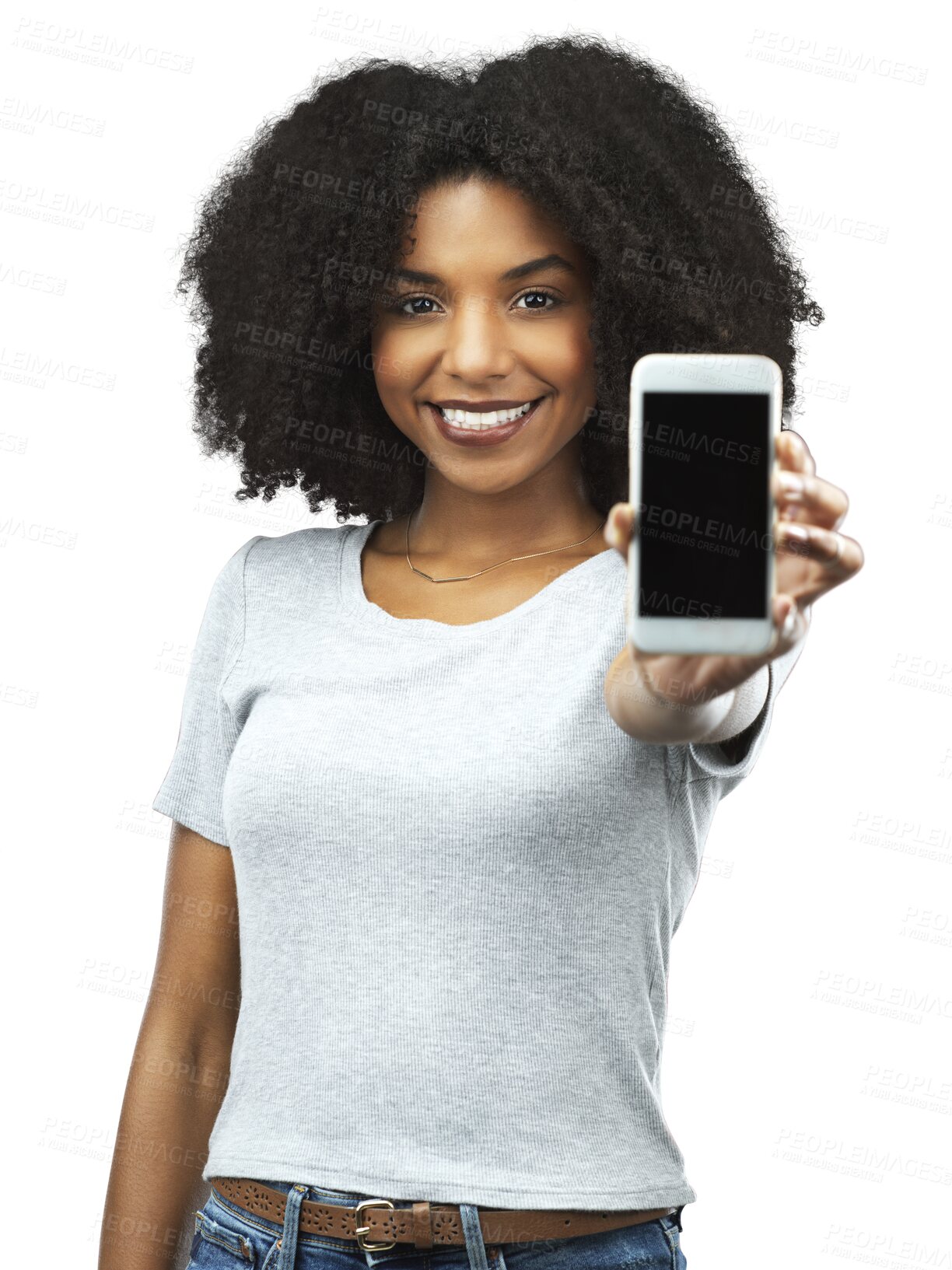 Buy stock photo Phone, app and portrait with a black woman isolated on transparent background showing an empty display screen for communication. Mobile, smile or marketing with a happy young brand ambassador on PNG