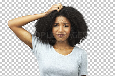 Buy stock photo Confused, portrait and black woman with anxiety or question, why and problem solving on transparent, isolated or png background. Thinking, face and African model with doubt and stress from decision