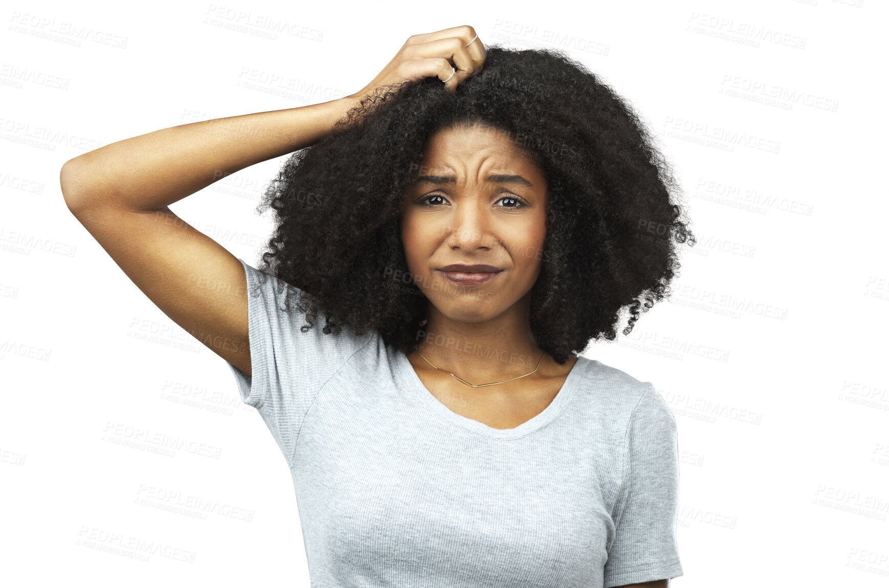 Buy stock photo Confused, portrait and black woman with anxiety or question, why and problem solving on transparent, isolated or png background. Thinking, face and African model with doubt and stress from decision