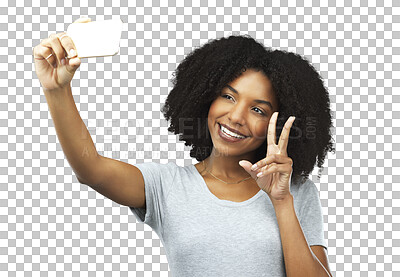 Buy stock photo Happy, peace and a black woman with a selfie for social media, fun and smile. Online, young and an African girl taking a photo for the web with an emoji sign isolated on a transparent png background