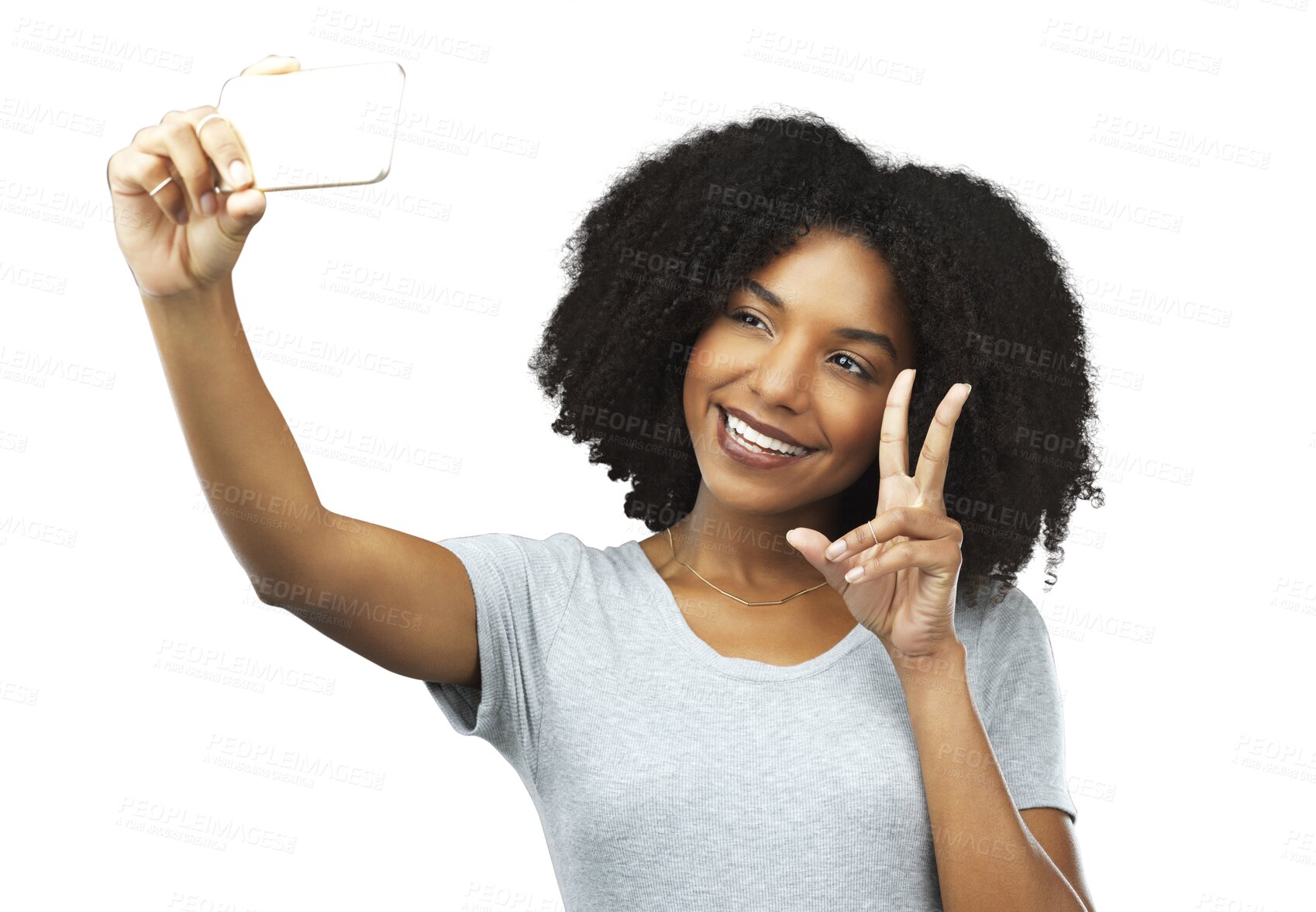 Buy stock photo Happy, peace and a black woman with a selfie for social media, fun and smile. Online, young and an African girl taking a photo for the web with an emoji sign isolated on a transparent png background