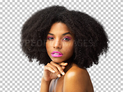 Buy stock photo Makeup, portrait and African woman with hair care for healthy, natural afro confidence on transparent, isolated or png background. Beauty, face and model with lipstick or growth cosmetics from salon