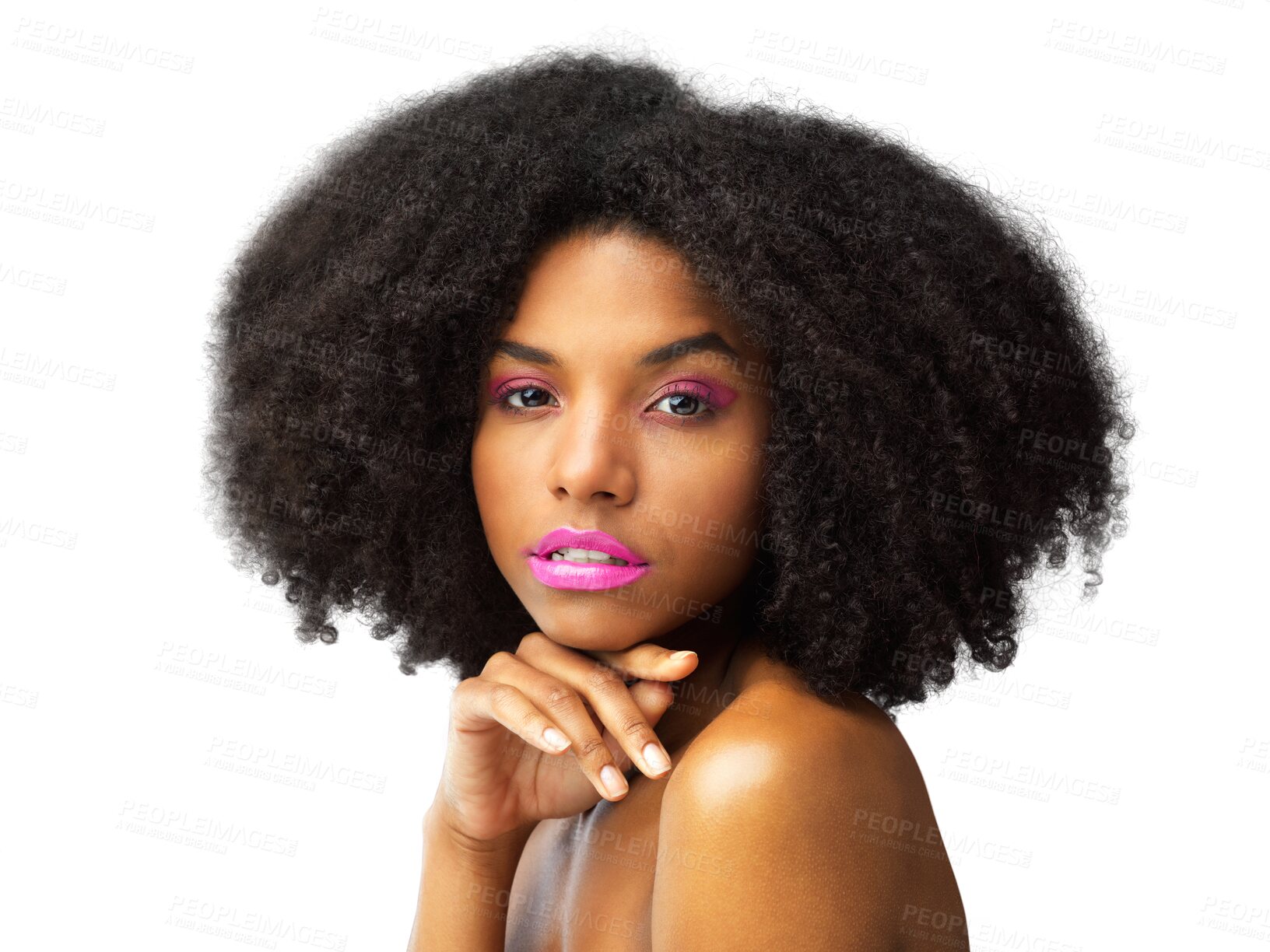 Buy stock photo Makeup, portrait and African woman with hair care for healthy, natural afro confidence on transparent, isolated or png background. Beauty, face and model with lipstick or growth cosmetics from salon