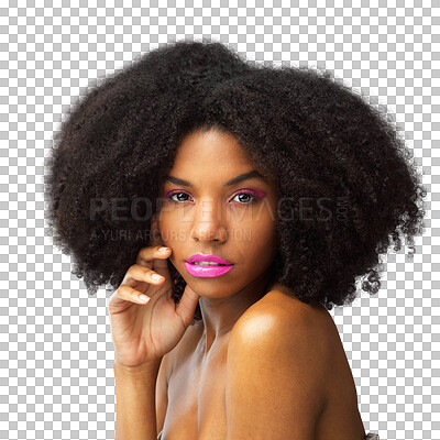 Buy stock photo Lipstick, face with makeup and African woman with natural hair and care for healthy afro on transparent, isolated or png background. Beauty, portrait and haircare cosmetics for growth or texture