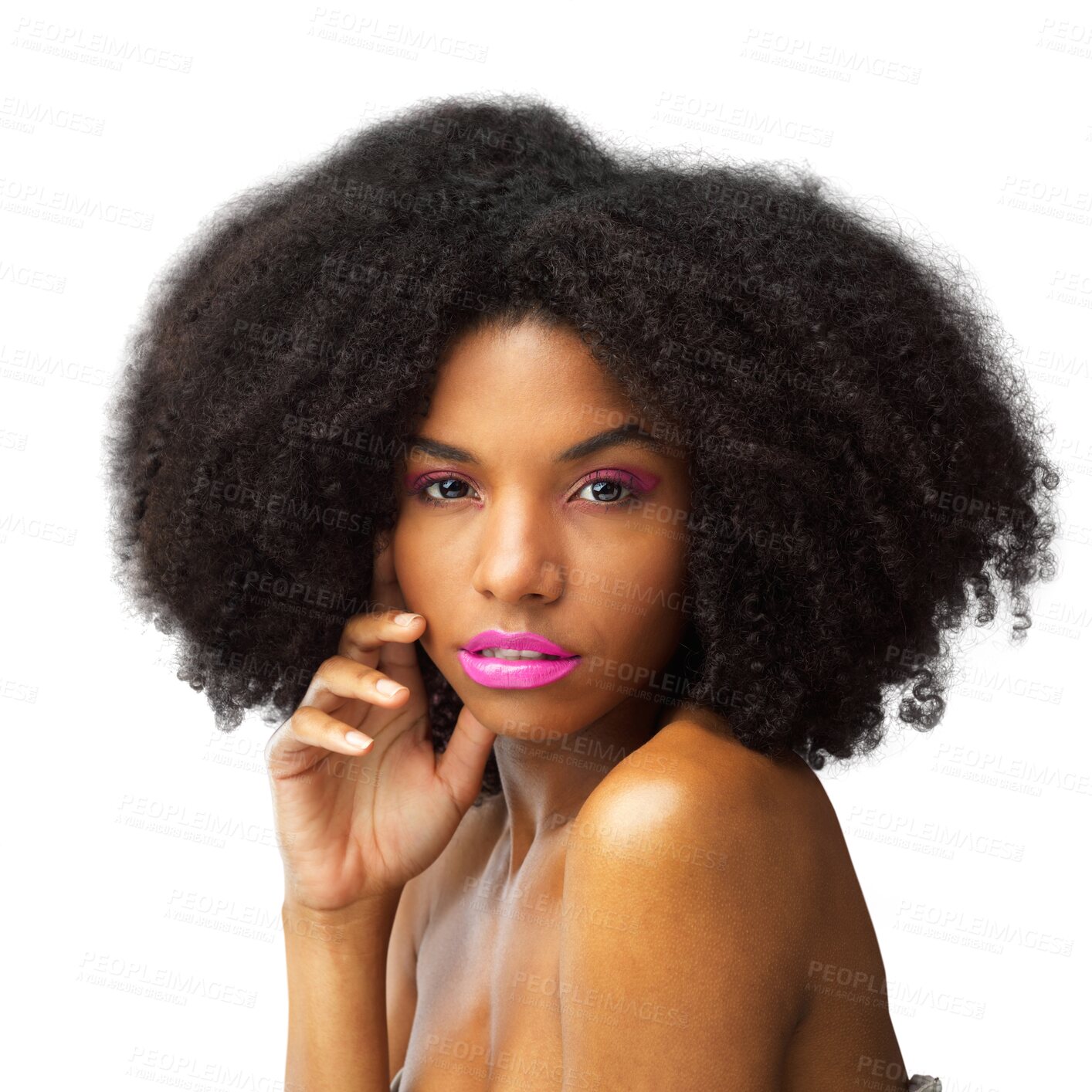 Buy stock photo Lipstick, face with makeup and African woman with natural hair and care for healthy afro on transparent, isolated or png background. Beauty, portrait and haircare cosmetics for growth or texture