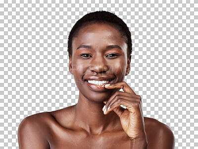 Buy stock photo Face, skincare and beauty of happy black woman isolated on a transparent png background. Natural, cosmetics and portrait of model with spa facial treatment for aesthetic, wellness and healthy skin.