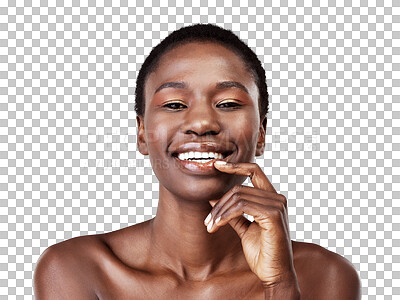 Buy stock photo Face, skincare and beauty black woman isolated on a transparent png background. Natural, cosmetics and portrait of happy model with spa facial treatment for aesthetic, wellness and healthy skin.