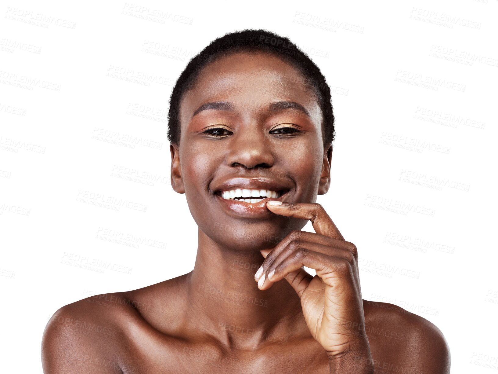 Buy stock photo Face, skincare and beauty black woman isolated on a transparent png background. Natural, cosmetics and portrait of happy model with spa facial treatment for aesthetic, wellness and healthy skin.