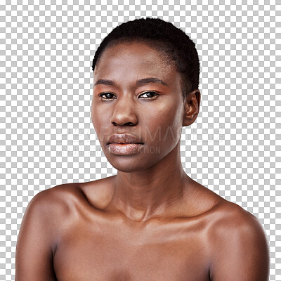 Buy stock photo Black girl, serious and natural in portrait with skincare in png or isolated, transparent background. Facial, glow and african woman with self care or healthy skin with wellness for dermatology.