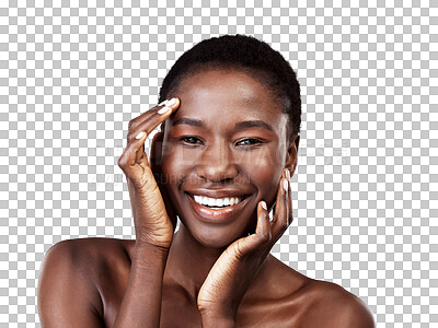 Buy stock photo Face, skincare touch and beauty of black woman isolated on a transparent png background. Natural, cosmetics and portrait of happy model with facial treatment for aesthetic, wellness and healthy skin.