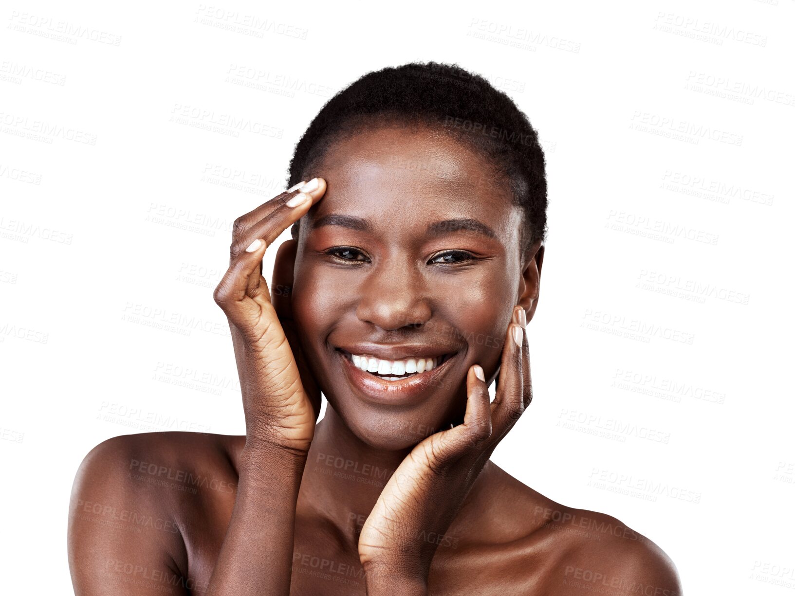 Buy stock photo Face, skincare touch and beauty of black woman isolated on a transparent png background. Natural, cosmetics and portrait of happy model with facial treatment for aesthetic, wellness and healthy skin.