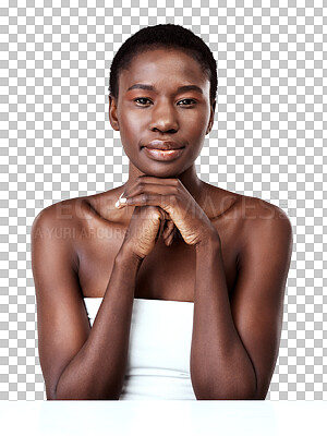 Buy stock photo Portrait, skincare and beauty of black woman isolated on a transparent png background. Natural, cosmetics and serious face of model with spa facial treatment for aesthetic, wellness and healthy skin.