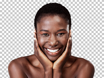 Buy stock photo Face, skincare touch and black woman smile isolated on a transparent png background. Natural beauty, cosmetics and portrait of model with spa facial treatment for aesthetic, wellness and healthy skin