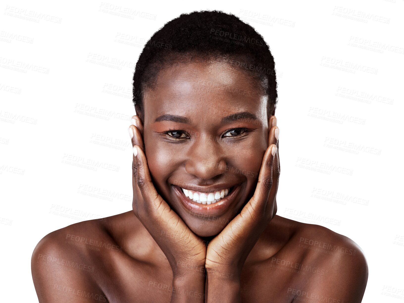 Buy stock photo Face, skincare touch and black woman smile isolated on a transparent png background. Natural beauty, cosmetics and portrait of model with spa facial treatment for aesthetic, wellness and healthy skin