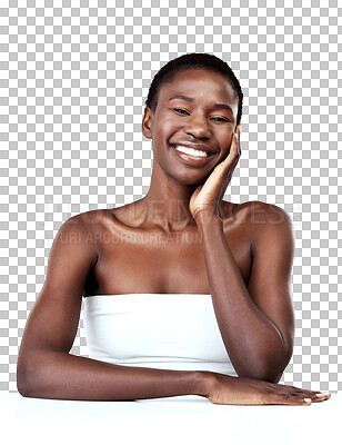 Buy stock photo Portrait, skincare touch and black woman on table isolated on a transparent png background. Natural beauty, cosmetics and happy face of model with treatment for aesthetic, wellness and healthy skin.