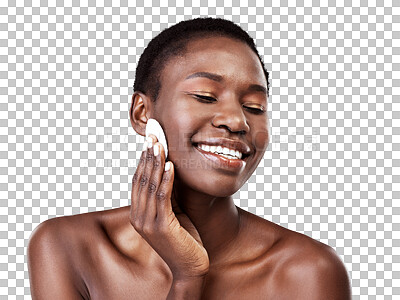 Buy stock photo Skincare, face and black woman with cotton pad isolated on a transparent png background. Beauty, happy and model wipe makeup, cosmetics and cleaning for facial aesthetic, wellness and healthy skin.