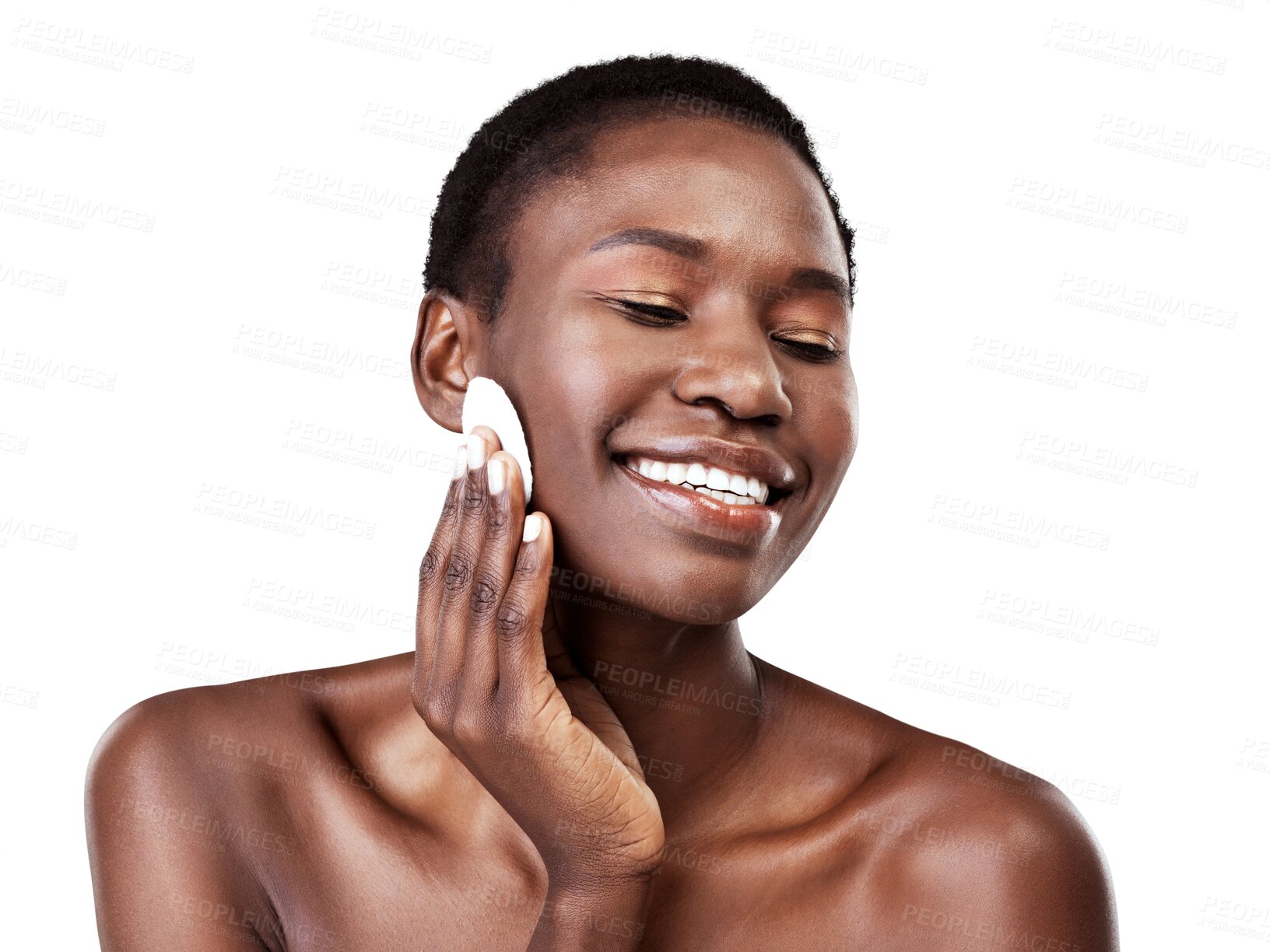 Buy stock photo Skincare, face and black woman with cotton pad isolated on a transparent png background. Beauty, happy and model wipe makeup, cosmetics and cleaning for facial aesthetic, wellness and healthy skin.