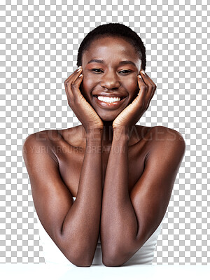 Buy stock photo Skincare touch, portrait and black woman on table isolated on a transparent png background. Natural beauty, cosmetics and happy face of model with treatment for aesthetic, wellness and healthy skin.