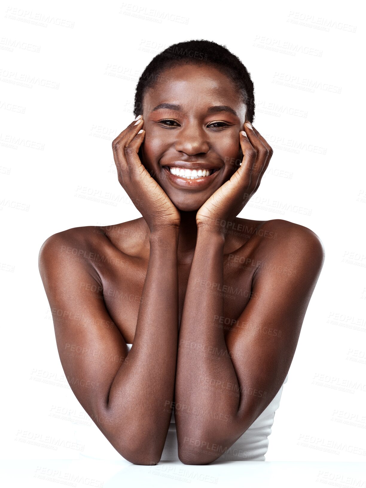 Buy stock photo Skincare touch, portrait and black woman on table isolated on a transparent png background. Natural beauty, cosmetics and happy face of model with treatment for aesthetic, wellness and healthy skin.