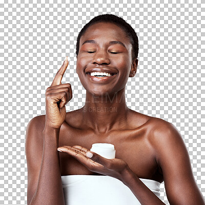 Buy stock photo Health, skincare and black woman with cream, cosmetics and smile isolated against a transparent background. Female person, girl or model with lotion, container and aesthetic with dermatology and png