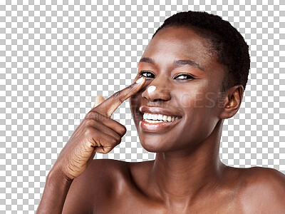 Buy stock photo Portrait, skincare and black woman with cream, dermatology and creme isolated on a transparent background. Female person, face or model with lotion, natural beauty and aesthetic with png or product