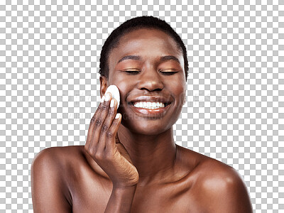 Buy stock photo Skincare, face and black woman with cotton, eyes closed and isolated on a transparent png background. Beauty, happy and model wipe makeup, cosmetics and cleaning for facial wellness and healthy skin.