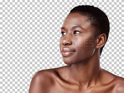 Buy stock photo Skincare, thinking and black woman with cosmetics, dermatology and grooming isolated on a transparent background. Female person, decision and model with natural beauty, png and makeup with aesthetics