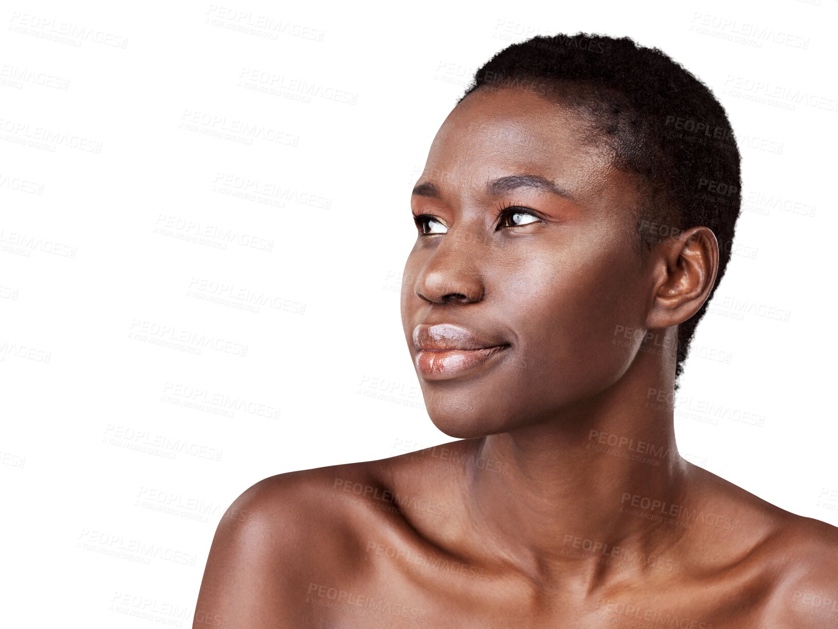 Buy stock photo Skincare, thinking and black woman with cosmetics, dermatology and grooming isolated on a transparent background. Female person, decision and model with natural beauty, png and makeup with aesthetics